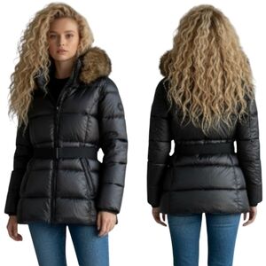 S13/NYC Chalet Belted Down Filled Puffer Detachable Fur Trim Hood EUC Small F243